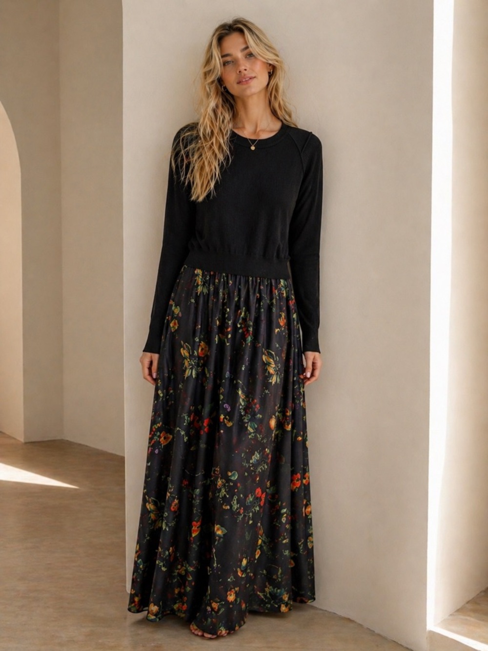 LA’SIMONA Black Ribbed Knit Floral Maxi Dress – XL